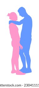 Girlfriend and boyfriend kissing on date vector silhouette isolated. Love concept. Boy and girl hugging shape. Togetherness, tenderness, closeness. Young shy couple in hug. Teenagers romance, puberty.