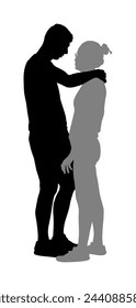 Girlfriend and boyfriend kissing on date vector silhouette illustration. Love boy and girl hugging. Togetherness, tenderness and closeness. Young shy couple in love hug. Teenagers romance, puberty.