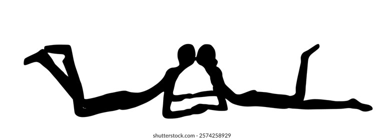 Girlfriend and boyfriend kissing on date vector silhouette illustration. Boy and girl holding hands. Togetherness, tenderness and closeness. Woman and man couple in love. Teenagers romance, puberty