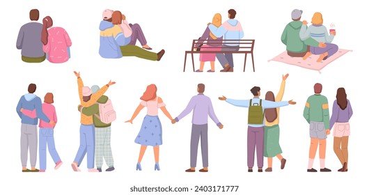 Girlfriend and boyfriend on date, isolated girl and boy. Vector flat cartoon character, couple bag walking and sitting on bench. Man and woman on picnic, embracing and spending time together