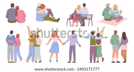 Girlfriend and boyfriend on date, isolated girl and boy. Vector flat cartoon character, couple bag walking and sitting on bench. Man and woman on picnic, embracing and spending time together