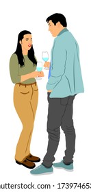 Girlfriend and boyfriend on date vector. Love concept. Boy and girl drink wine. Togetherness, tenderness and closeness. Couple in love on date flirting talking. Teenagers romance, drinking cocktails.