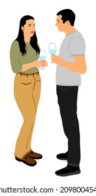 Girlfriend and boyfriend on date vector. Love concept. Boy and girl drink wine. Togetherness, tenderness and closeness. Couple in love on date flirting talking. Teenagers romance, drinking cocktails.