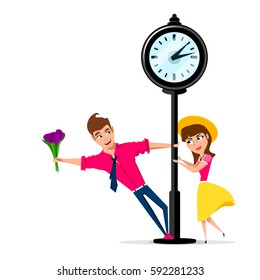 girlfriend and boyfriend in the park. date. meeting at the street clock. vector illustration on a  white background