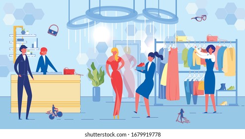 Girlfriend and Boyfriend Shopping at Boutique. Man Purchasing Present for Woman at Fashion Store. Husband Buying High-Heal Shoes for Wife. Saleswoman Servicing Customer. Vector Illustration