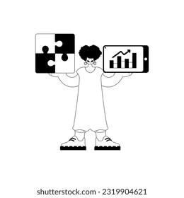 A girlfriend with a complicate in her handwrite and a graph of moral force emergence . black and white course artwork. Trendy style, Vector Illustration