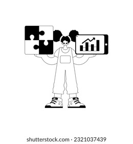 A girlfriend with a complicate in her handwrite and a graph of moral power emergence . bootleg and white run artwork. Trendy style, Vector Illustration