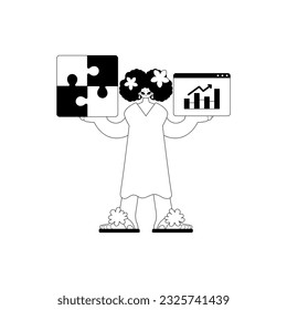 A girlfriend with a complicate in her handwrite and a graph of moral force emergence . bootleg and white run artwork. Trendy style, Vector Illustration