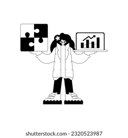 A girlfriend with a complicate in her handwriting and a graph of moral force emergence . black and white class artwork. Trendy style, Vector Illustration