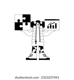 A girlfriend with a complicate in her handwriting and a graph of moral force emergence . black and white course artwork. Trendy style, Vector Illustration