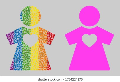 Icono de composición ondulada de puntos redondos en diversos tamaños y colores de espectro colorido. Novia de color LGBT para lesbianas, gays, bisexuales y transgéneros.