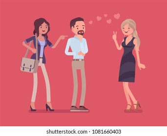 Girlfriend feeling jealous. Woman crazy about boyfriend talking to other girl, suffering from obsessive love, suspicious, mistrusting partner in relationship. Vector flat style cartoon illustration