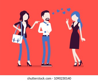 Girlfriend feeling jealous. Woman crazy about boyfriend talking to other girl, suffering from obsessive love, suspicious, mistrusting partner in relationship. Vector illustration, faceless characters