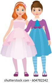 Girlfriend girls in beautiful dresses are hugging. vector illustration on a white background