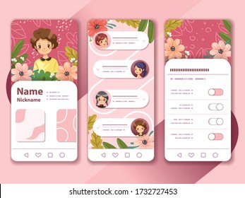 Girlfriend group and sweet pink color tone theme. application design. UI, UX screens and flat icons for mobile apps. User interface design. vector illustration.