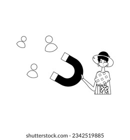 The girlfriend is holding a attraction that attracts contact . hour concept . black and egg coffer linear expressive style. Trendy style, Vector Illustration