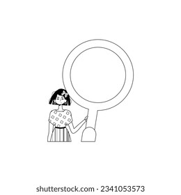 The girlfriend is holding a blow up glass . information search subject . black and white analogue style. Trendy style, Vector Illustration