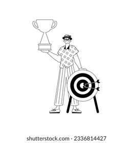 The girlfriend is holding a cup . discipline of victory . charwoman and distance linear stylus. Trendy style, Vector Illustration