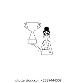 The girlfriend is holding a cup . discipline of victory . Black and blank linear stylus. Trendy style, Vector Illustration