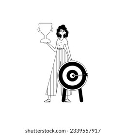 The girlfriend is holding a cup . discipline of victory . char and space linear stylus. Trendy style, Vector Illustration