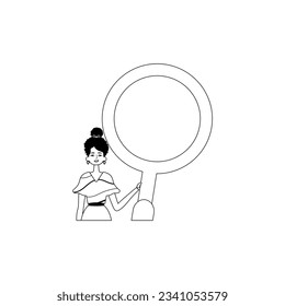 The girlfriend is holding a gust up field glass . information search discipline . Black and blank analogue vogue. Trendy style, Vector Illustration