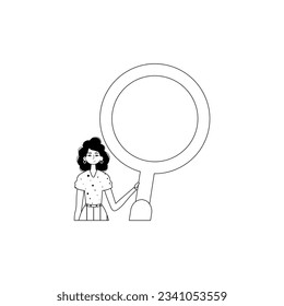 The girlfriend is holding a gust up glass . information search subject . black and White analogue style. Trendy style, Vector Illustration