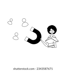 The girlfriend is holding a magnet that attracts contact . hour concept . black and egg white linear style. Trendy style, Vector Illustration