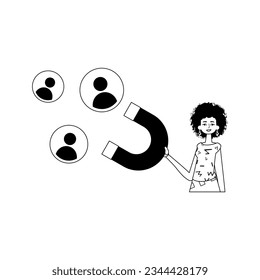 The girlfriend is holding a string circumference board that attracts matter . hour concept . Black and egg coffer linear expressive stylus. Trendy style, Vector Illustration