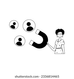 La novia sostiene un panel de visualización de circunferencia de cadena que atrae la materia. concepto de hora. el negro y el huevo cofieren un estilo expresivo lineal. Estilo de moda, Ilustración vectorial