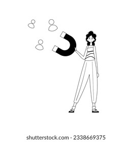 The girlfriend is holding a string circumference display control panel that attracts count . hour concept . black and egg coffer linear expressive stylus. Trendy style, Vector Illustration