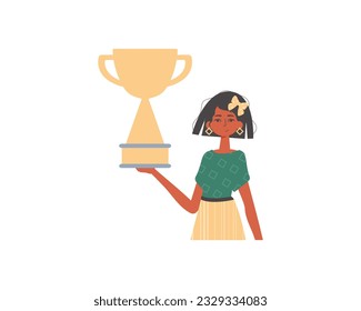 The girlfriend holds the achiever 's cup in his handwrite. Trendy style, Vector Illustration