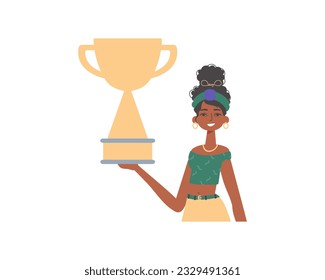 The girlfriend holds the achiever 's cup in his handwrite. Trendy style, Vector Illustration