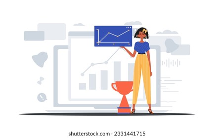 The girlfriend holds a chart with plus dynamics in his hand . digital commercialize concept. Trendy style, Vector Illustration