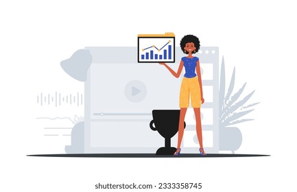 The girlfriend holds a chart with plus moral effect in his hand . digital commercialize concept. Trendy style, Vector Illustration