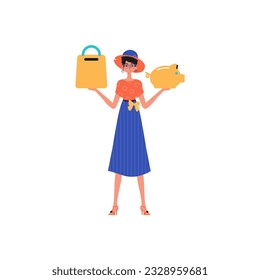 The girlfriend holds a hoggish depository fiscal trip and a stigmatize basket in his pass. Trendy style, Vector Illustration