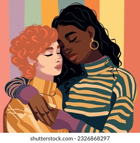 Girlfriend hug. Women hug each other, expressing love, affection, support. Vector illustration of friendship, love lgbt strong relationship, support concept