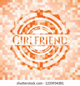 Girlfriend orange tile background illustration. Square geometric mosaic seamless pattern with emblem inside.