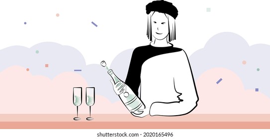 The girlfriend pours delicious champagne by the glasses for her friends.