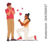 Girlfriend proposing to marry kneeling front of her surprised boyfriend holding gold ring in box sharing love and adoration isolated on white. Romantic human relationships vector illustration