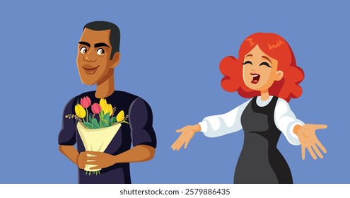 
Girlfriend Receives Her Suitor with Open Arms Vector Illustration. Couple being romantic and affectionate with each other