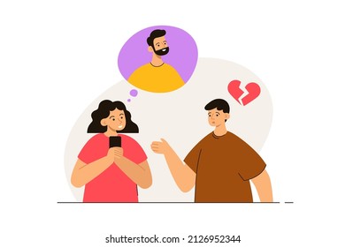 Girlfriend secretly thinking about another man while talking to her boyfriend. Love triangle. Jealousy, mistrust, betrayal, cheating concept. Modern flat vector illustration