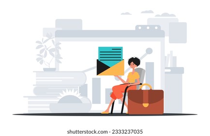 The girlfriend sits in a electric professorship and holds an envelope . hour concept. Trendy style, Vector Illustration
