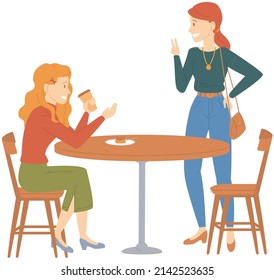 Girlfriend sitting in cafe drink tea or coffee. Women spend time in cafeteria together. Female characters relax and communicate. Friendship and joint pastime concept. Ladies talking in coffee shop