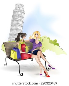 girlfriend sitting on a bench in the Park after shopping