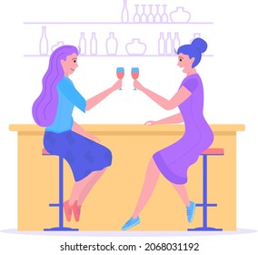 Girlfriend sitting together in bar drink alcohol beverage, woman pub counter spirit cocktail cartoon vector illustration, isolated on white.