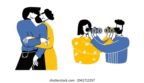 girlfriend surrounding and hugging or embracing young woman. Friends' support, care, love and acceptance concept. True friendship. Bright colored vector illustration in flat cartoon style.