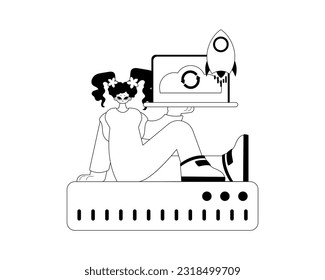 girlfriend and waiter . cloud memory typography . black and lacuna cable artwork. Trendy style, Vector Illustration