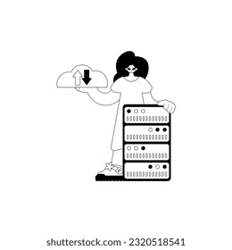 girlfriend and waiter . cloud memory typography . black and lacuna cable artwork. Trendy style, Vector Illustration