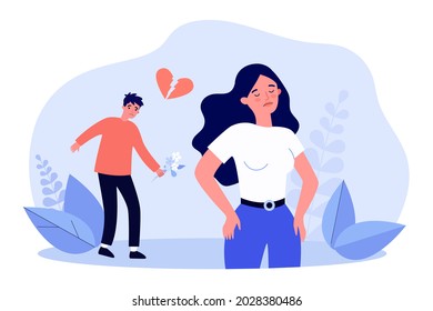 Girlfriend walking away from sad boyfriend holding flowers. Woman rejecting or breaking up with man flat vector illustration. Relationship, rejection concept for banner, website design or landing page