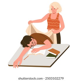 A girlfriend who helps her boyfriend cover the quilt, Tired boyfriend sleeping at table with book